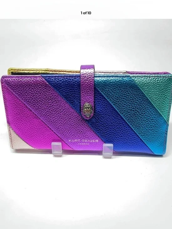 Kurt Geiger Metallic Rainbow 🌈 Diagonal Stripe Continental Wallet - Picture 1 of 16